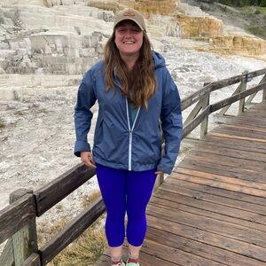 REI co-op blue rain coat